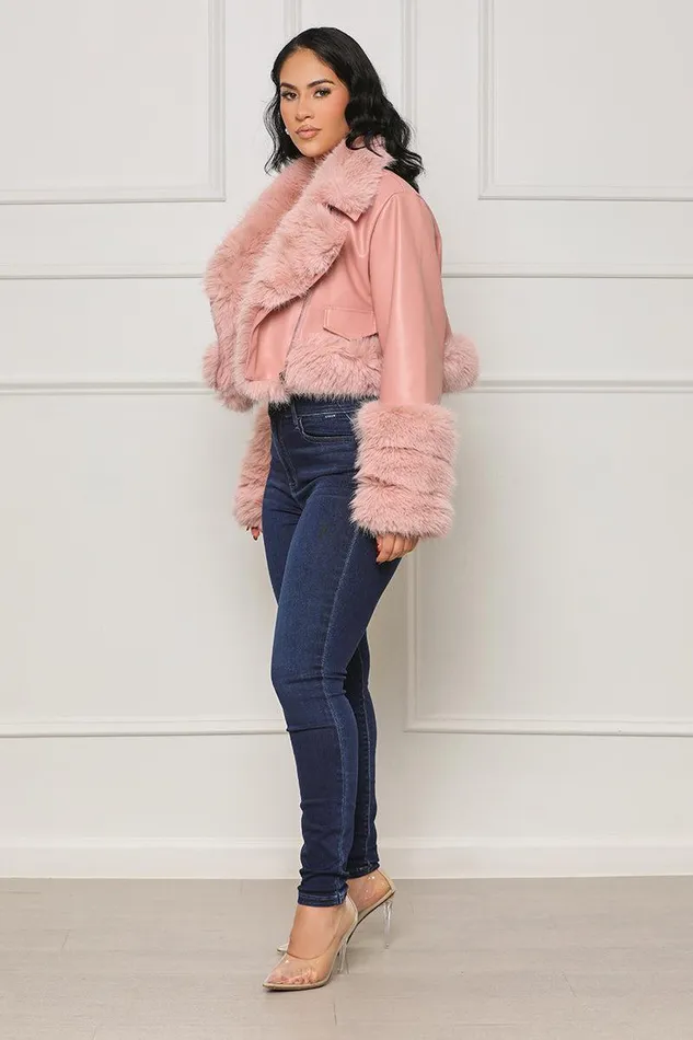 Lilly039s Kloset Jackets and Coats Women As Usual Faux Leather and Fur Crop Jacket Pink FINAL SALE