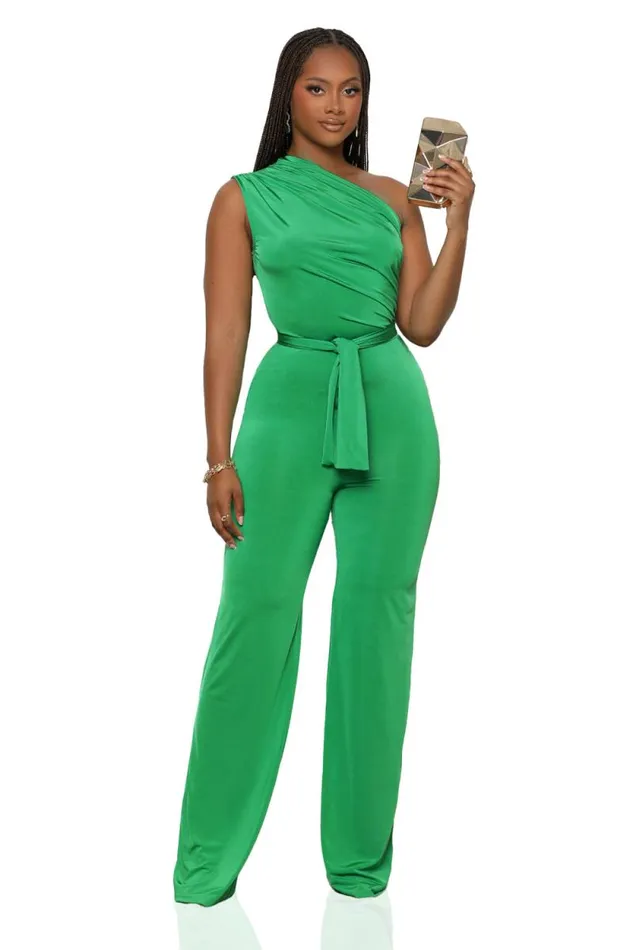 Lilly039s Kloset Jumpsuits and Rompers Women The Moment One Shoulder Jumpsuit Green FINAL SALE
