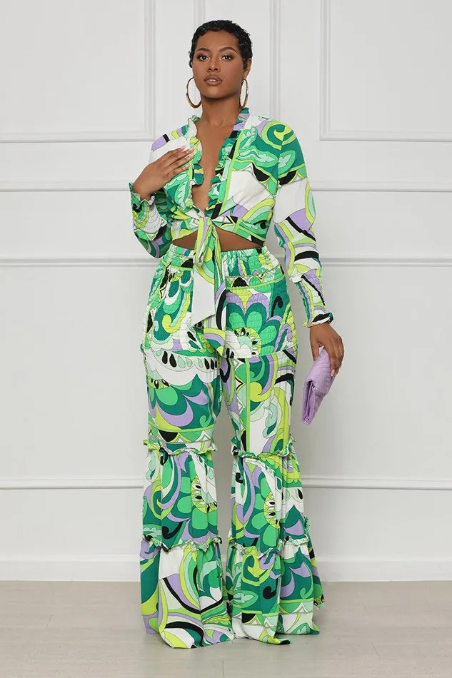 Lilly039s Kloset Sets Women Vibrant Ruffles Wide Leg Pants Set Green Multi FINAL SALE