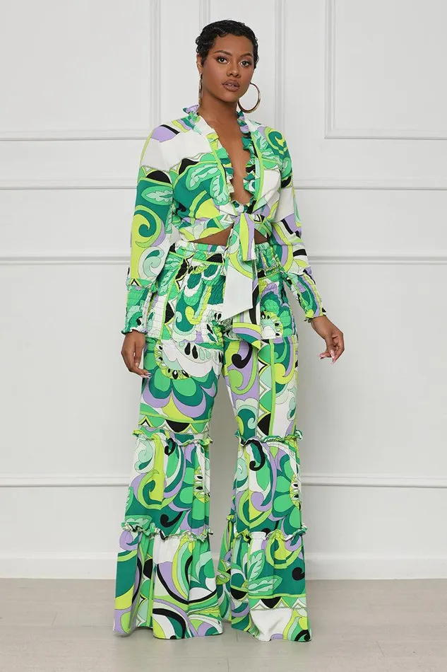 Lilly039s Kloset Sets Women Vibrant Ruffles Wide Leg Pants Set Green Multi FINAL SALE