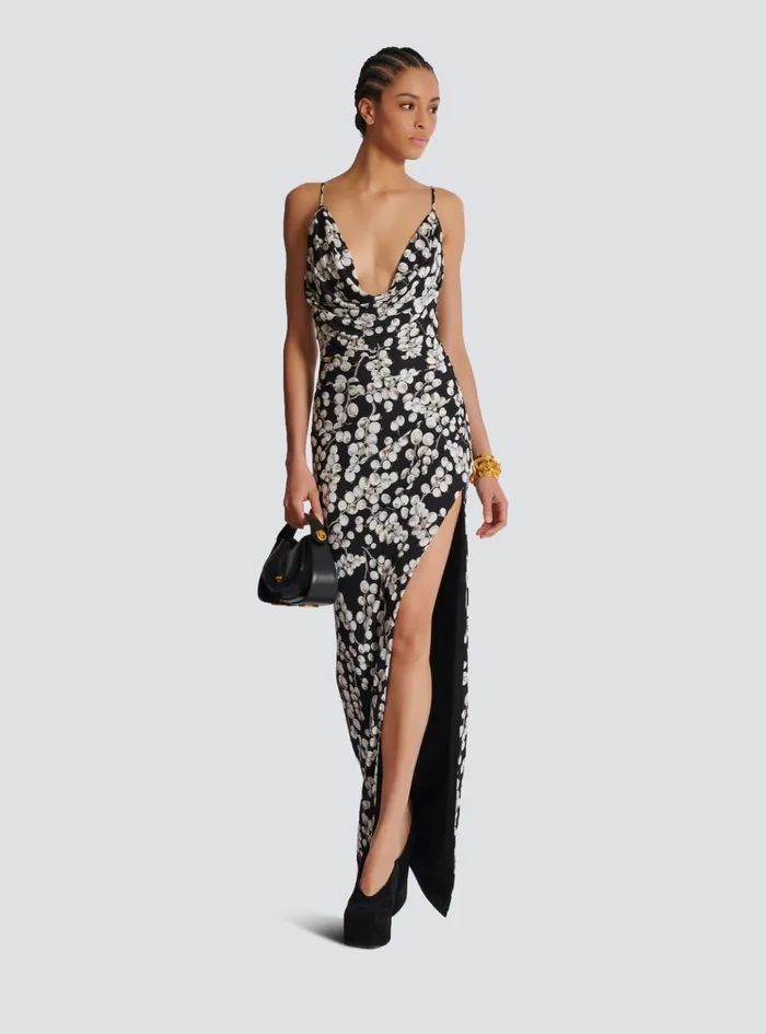 Long Dress With Redcurrant Print Black Women Balmain Dresses