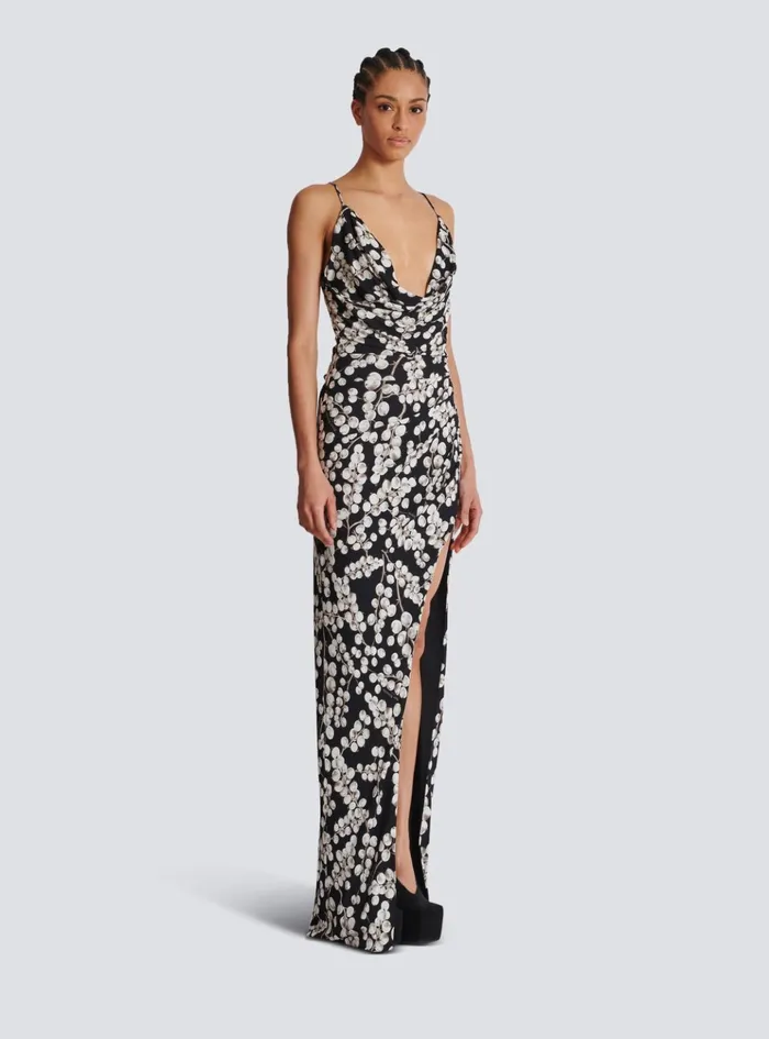 Long Dress With Redcurrant Print Black Women Balmain Dresses