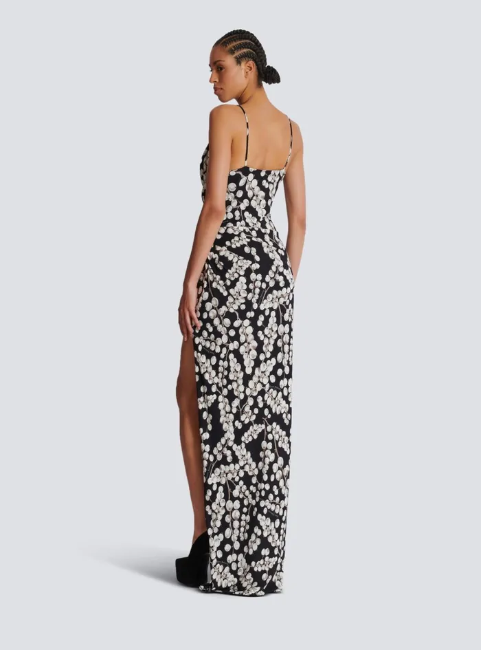 Long Dress With Redcurrant Print Black Women Balmain Dresses