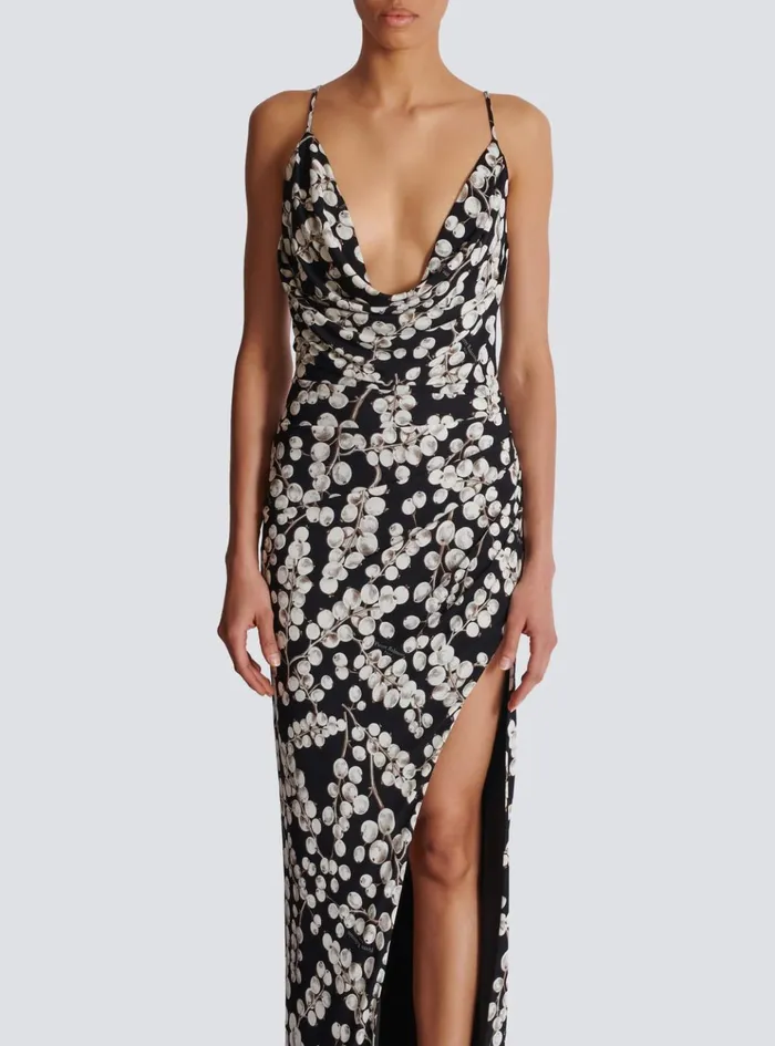 Long Dress With Redcurrant Print Black Women Balmain Dresses