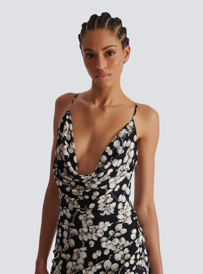 Long Dress With Redcurrant Print Black Women Balmain Dresses