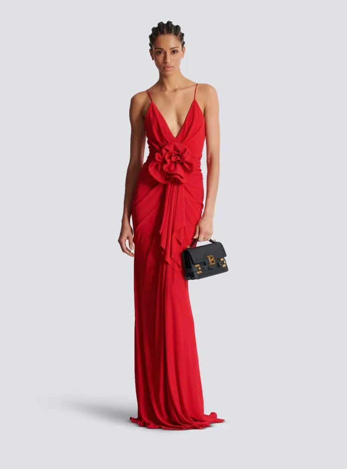 Long Pleated Dress With Flower Detail Red Women Balmain Dresses