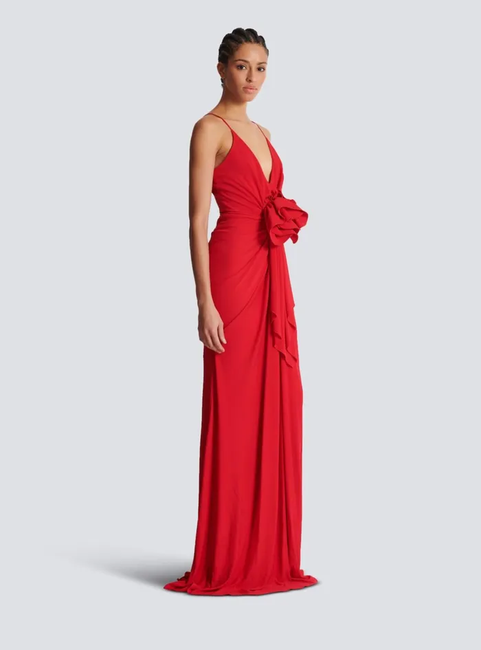 Long Pleated Dress With Flower Detail Red Women Balmain Dresses
