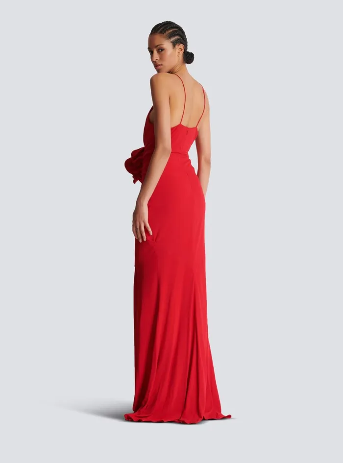 Long Pleated Dress With Flower Detail Red Women Balmain Dresses