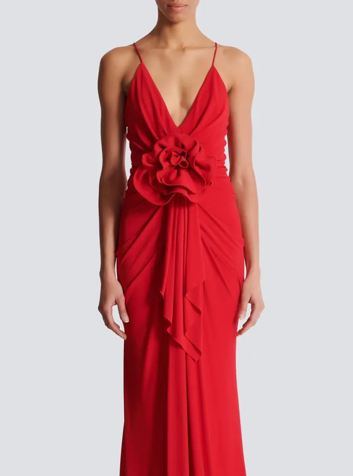 Long Pleated Dress With Flower Detail Red Women Balmain Dresses