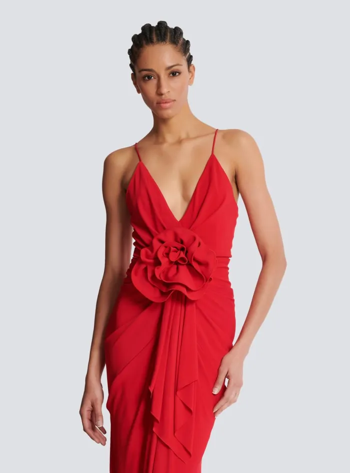 Long Pleated Dress With Flower Detail Red Women Balmain Dresses