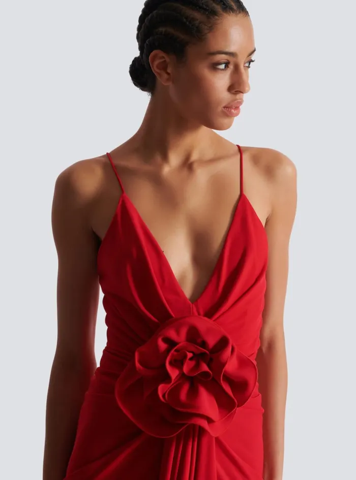 Long Pleated Dress With Flower Detail Red Women Balmain Dresses