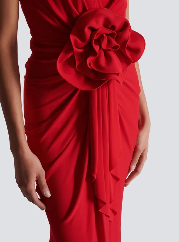 Long Pleated Dress With Flower Detail Red Women Balmain Dresses