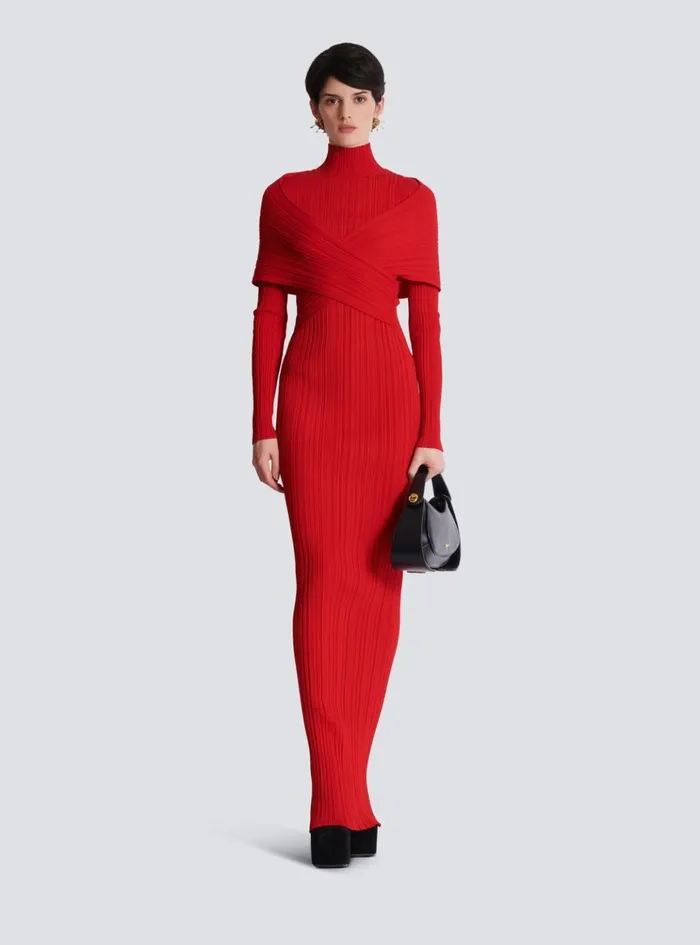 Long Pleated Knit Dress Red Women Balmain Dresses