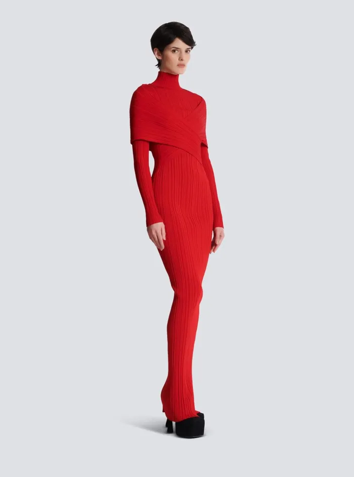 Long Pleated Knit Dress Red Women Balmain Dresses