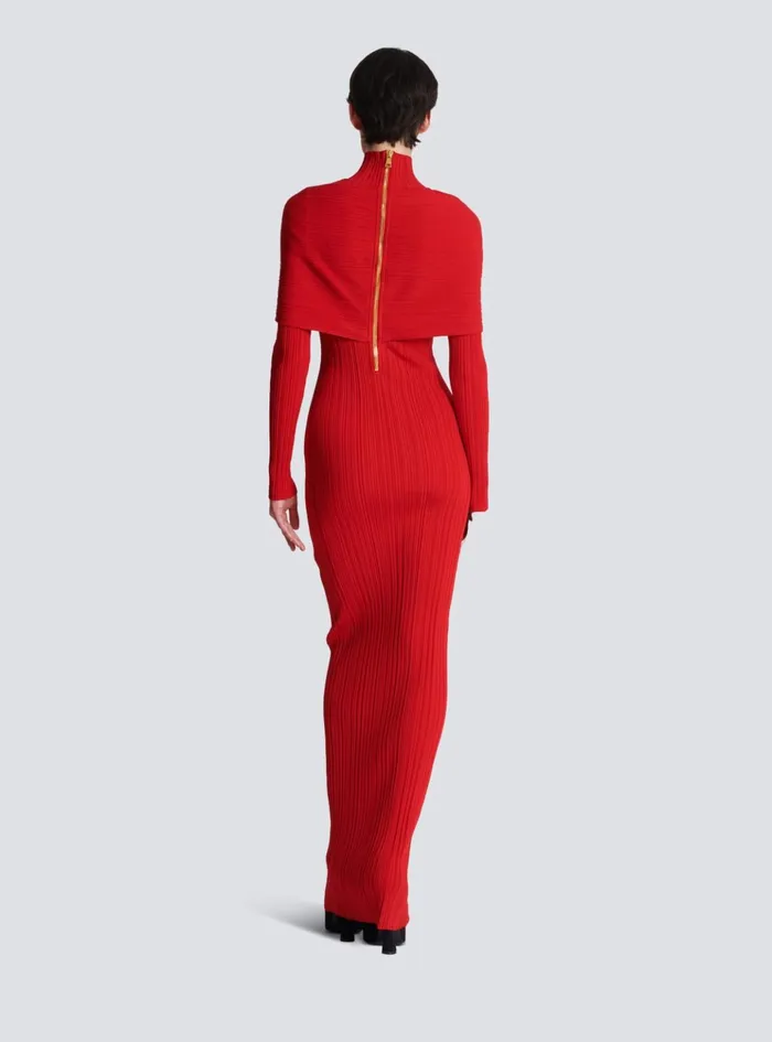 Long Pleated Knit Dress Red Women Balmain Dresses