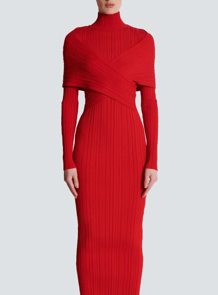 Long Pleated Knit Dress Red Women Balmain Dresses