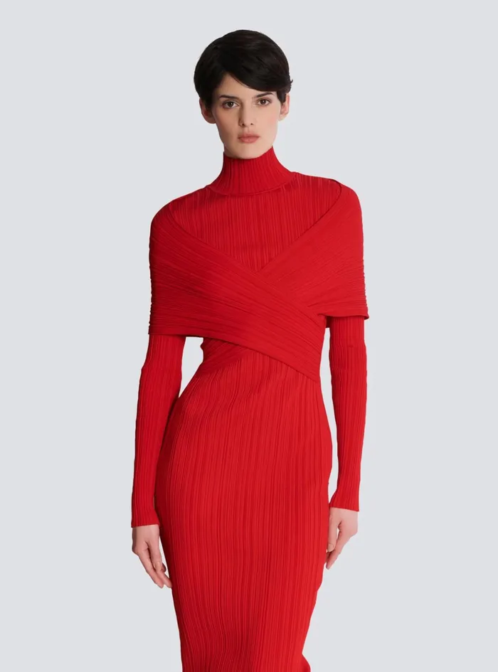 Long Pleated Knit Dress Red Women Balmain Dresses
