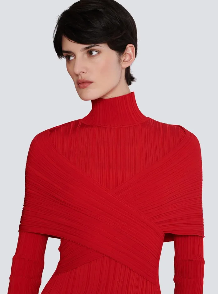 Long Pleated Knit Dress Red Women Balmain Dresses