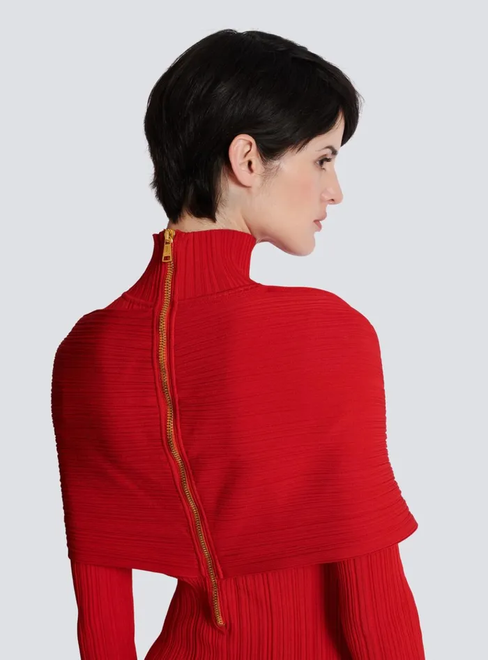Long Pleated Knit Dress Red Women Balmain Dresses