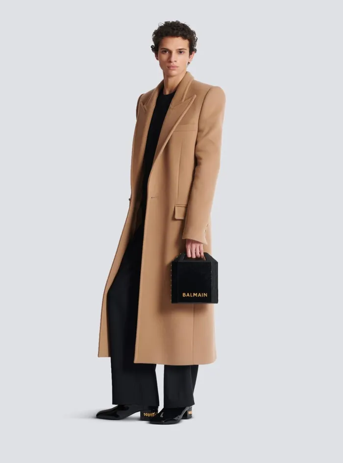 Long Wool And Cashmere Coat Brown Men Balmain Outerwear