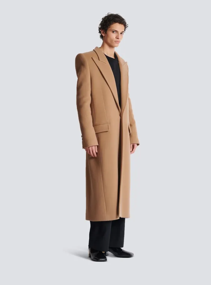 Long Wool And Cashmere Coat Brown Men Balmain Outerwear