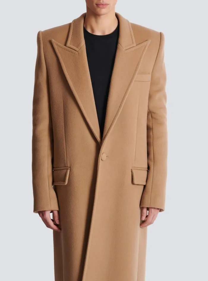 Long Wool And Cashmere Coat Brown Men Balmain Outerwear