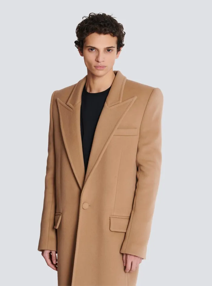 Long Wool And Cashmere Coat Brown Men Balmain Outerwear