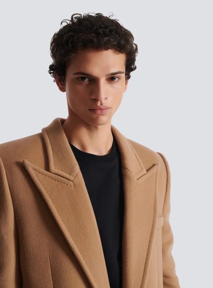 Long Wool And Cashmere Coat Brown Men Balmain Outerwear