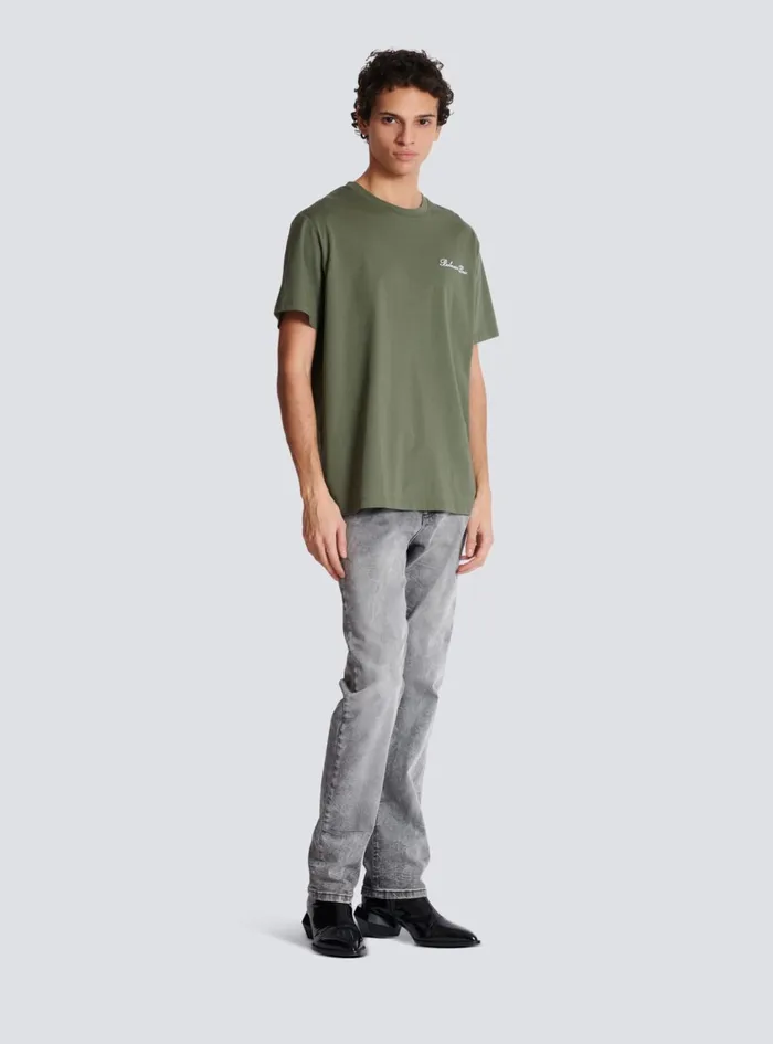 Loose Tshirt With Signature Embroidery Khaki Men Balmain TShirts