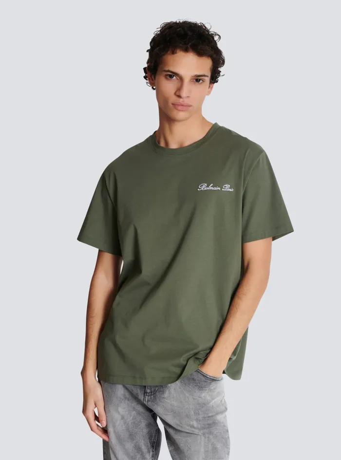Loose Tshirt With Signature Embroidery Khaki Men Balmain TShirts