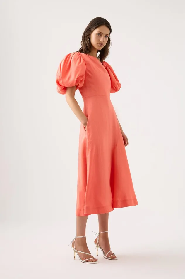 Maia Off Shoulder Midi Dress Coral Women Aje Bridesmaid Dresses