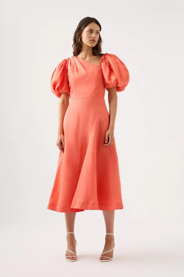 Maia Off Shoulder Midi Dress Coral Women Aje Bridesmaid Dresses
