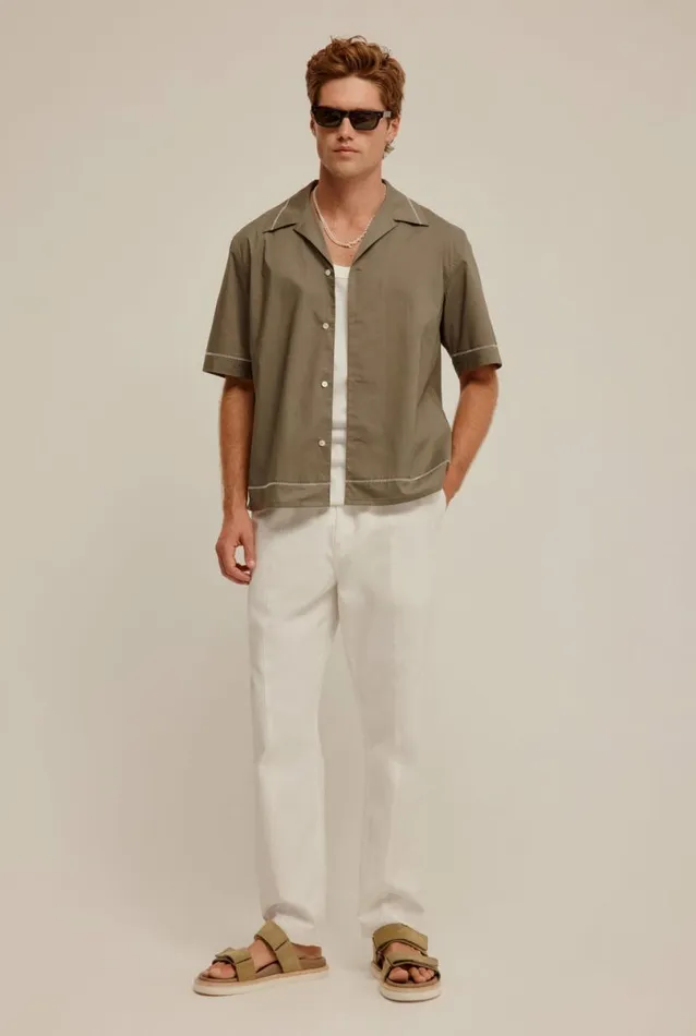 Man Venroy Shirts Embroidered Boxy Cotton Camp Collar Shirt