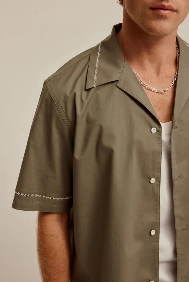 Man Venroy Shirts Embroidered Boxy Cotton Camp Collar Shirt