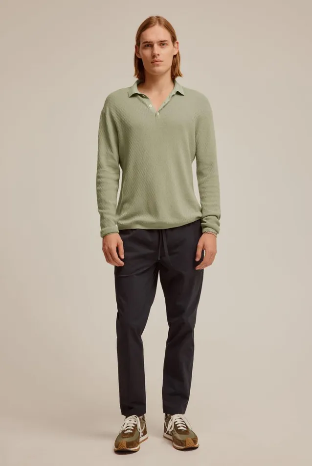 Man Venroy Sweaters Long Sleeve Basket Weave Cotton Polo