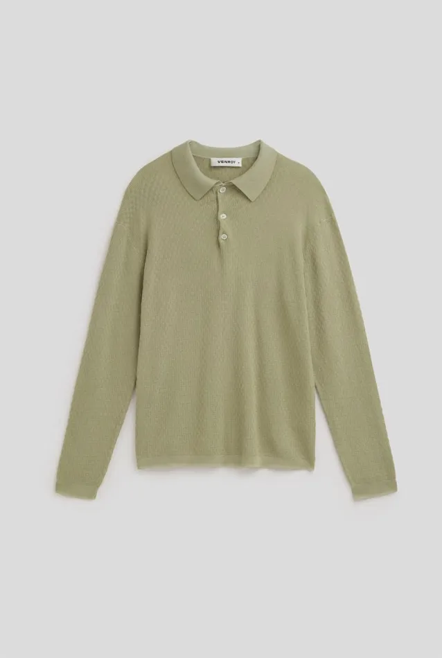 Man Venroy Sweaters Long Sleeve Basket Weave Cotton Polo