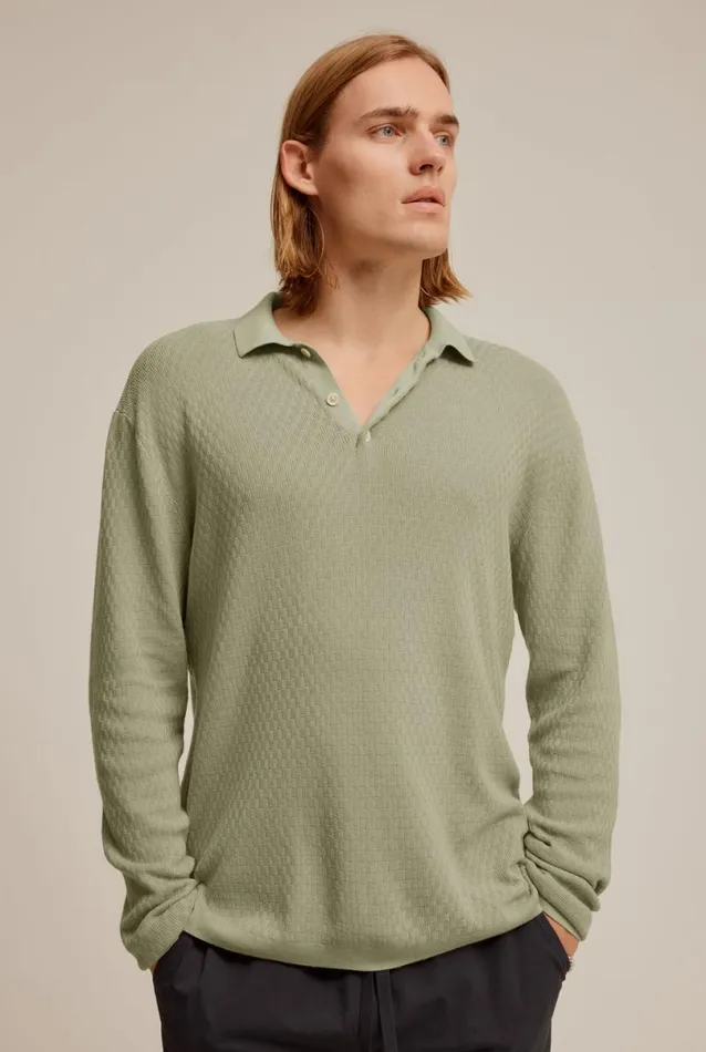 Man Venroy Sweaters Long Sleeve Basket Weave Cotton Polo