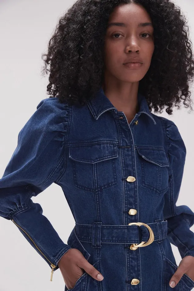 May Denim Long Sleeve Dress Dark Indigo Women Aje Denim