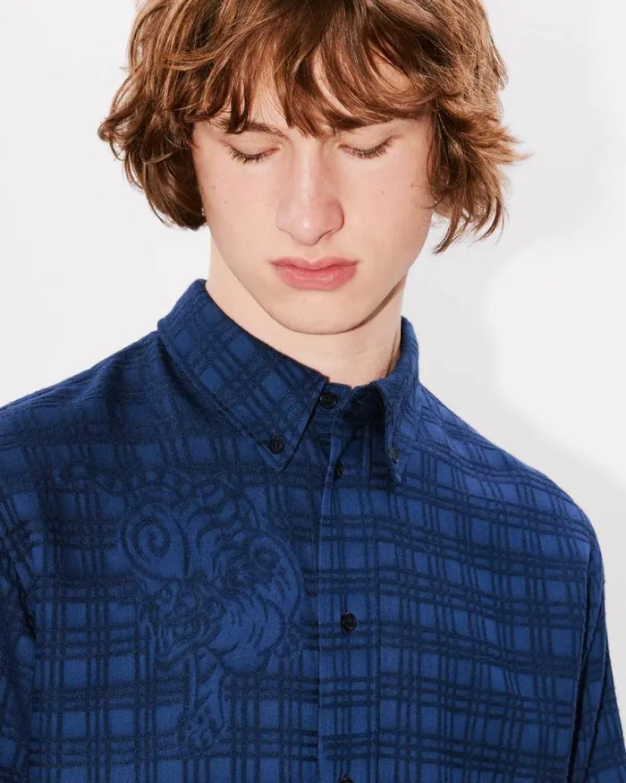 Men 039KENZO Bamboo Tiger039 Casual Shirt Blue Black Kenzo Shirts