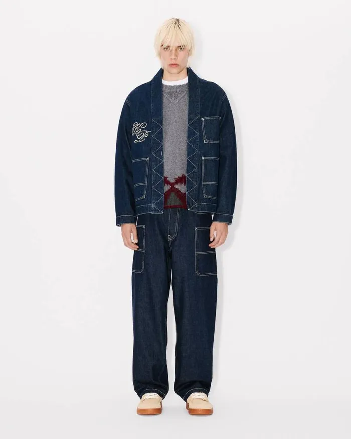 Men 039KENZO Constellation039 Embroidered Kimono In Japanese Denim Rinse Blue Denim Kenzo Jackets And Coats