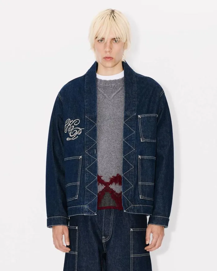Men 039KENZO Constellation039 Embroidered Kimono In Japanese Denim Rinse Blue Denim Kenzo Jackets And Coats