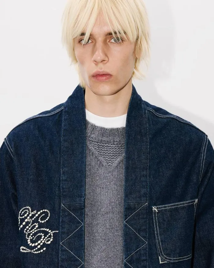 Men 039KENZO Constellation039 Embroidered Kimono In Japanese Denim Rinse Blue Denim Kenzo Jackets And Coats