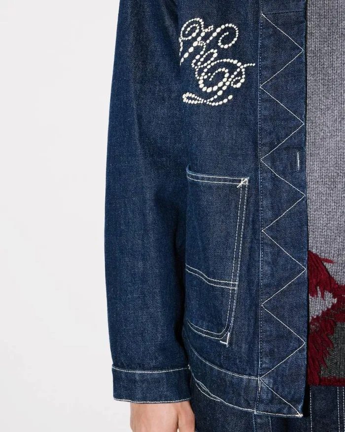 Men 039KENZO Constellation039 Embroidered Kimono In Japanese Denim Rinse Blue Denim Kenzo Jackets And Coats