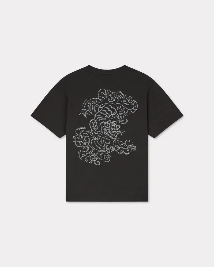 Men 039KENZO Star Tiger039 Oversized Embroidered Tshirt In Cotton Black Kenzo Tshirts And Polos
