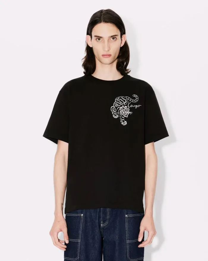Men 039KENZO Star Tiger039 Oversized Embroidered Tshirt In Cotton Black Kenzo Tshirts And Polos