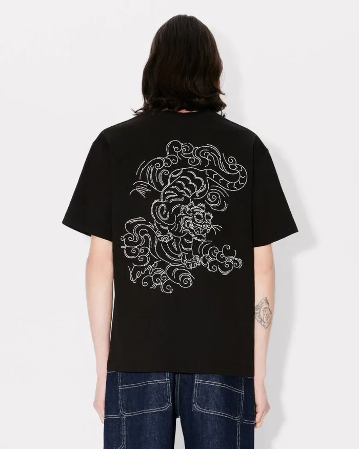 Men 039KENZO Star Tiger039 Oversized Embroidered Tshirt In Cotton Black Kenzo Tshirts And Polos