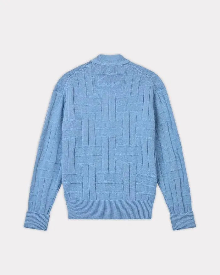 Men 039KENZO Weave039 Embroidered Cardigan In Cotton Sky Blue Kenzo Sweaters And Cardigans