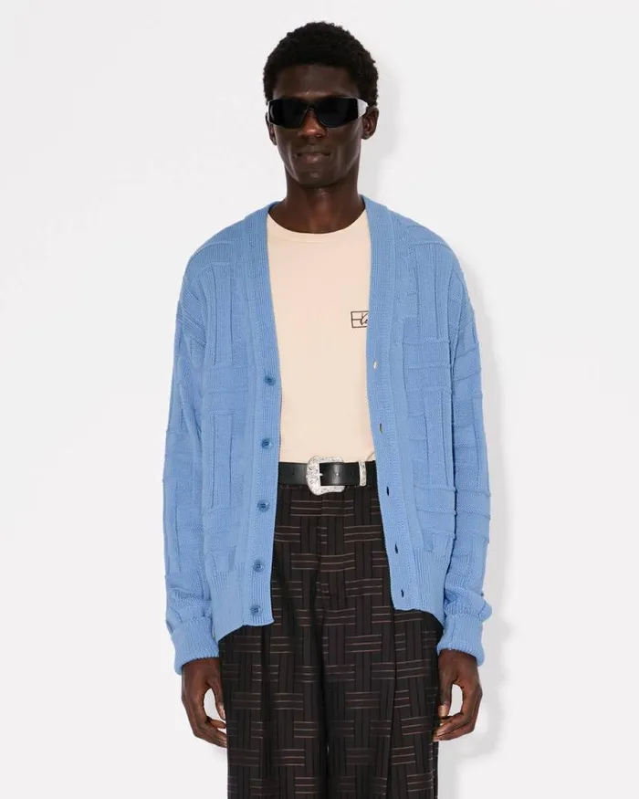 Men 039KENZO Weave039 Embroidered Cardigan In Cotton Sky Blue Kenzo Sweaters And Cardigans
