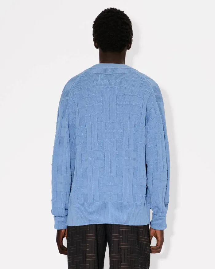 Men 039KENZO Weave039 Embroidered Cardigan In Cotton Sky Blue Kenzo Sweaters And Cardigans