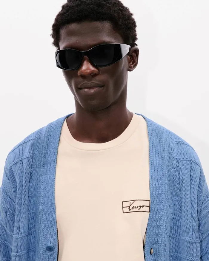 Men 039KENZO Weave039 Embroidered Cardigan In Cotton Sky Blue Kenzo Sweaters And Cardigans